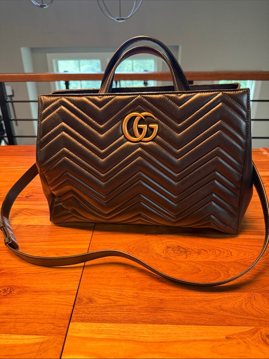 Gucci Handbags - Gucci Black Chevron GG Top-Handle Satchel with Gold Hardware